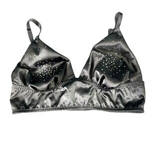 Victoria's Secret‎ Black Satin Rhinestone Triangle Bralette Large L Unlined Mesh